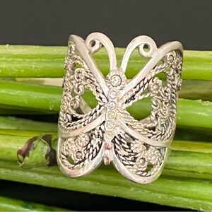 Vintage Signed Silver Filigree Micro Marcasite Rhinestone Butterfly Ring Size 6